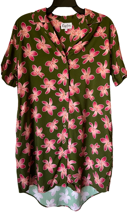 Aloha shirt dress-green plumeria print