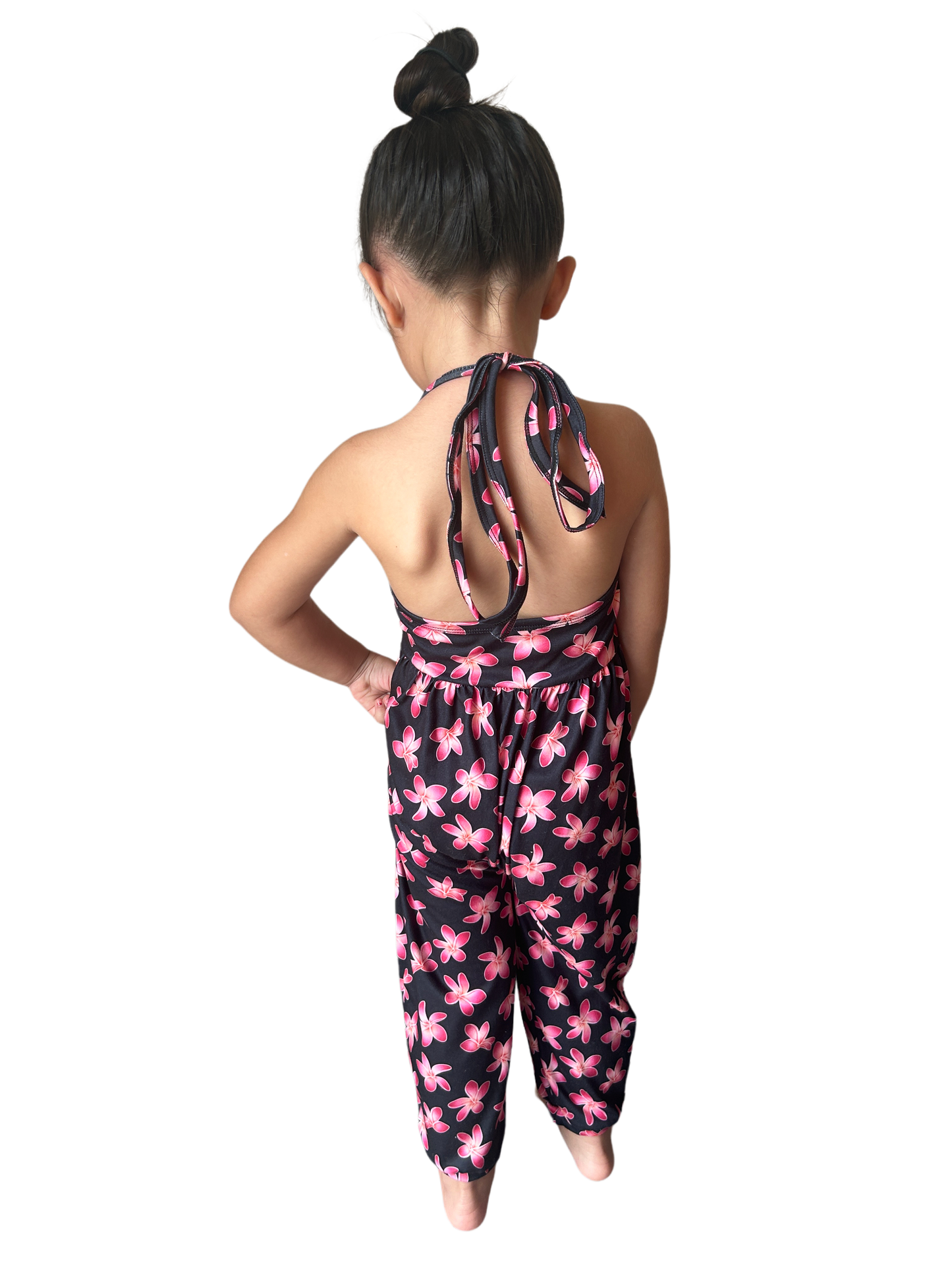 Keiki halter pants romper-black plumeria print