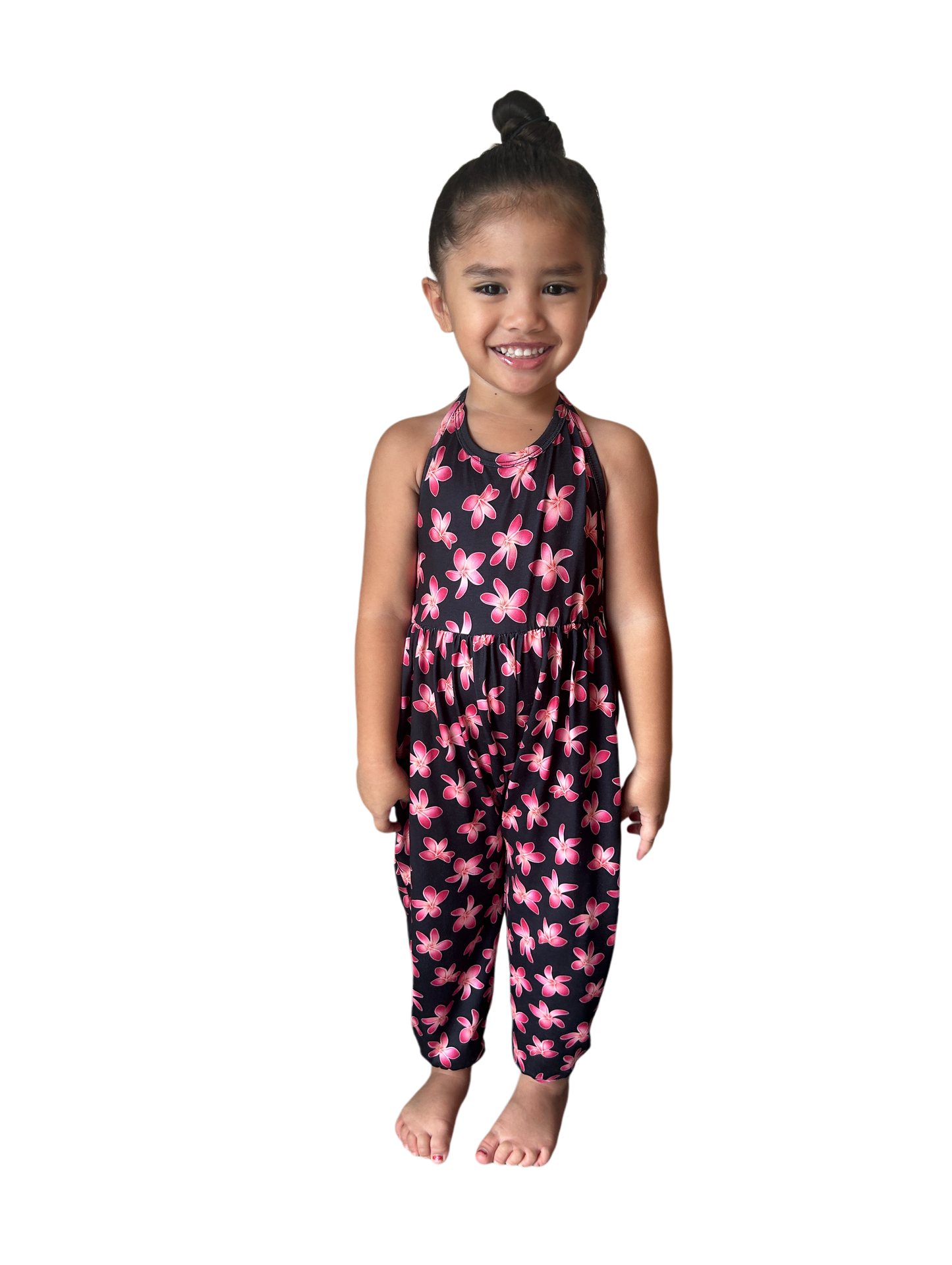 Keiki halter pants romper-black plumeria print