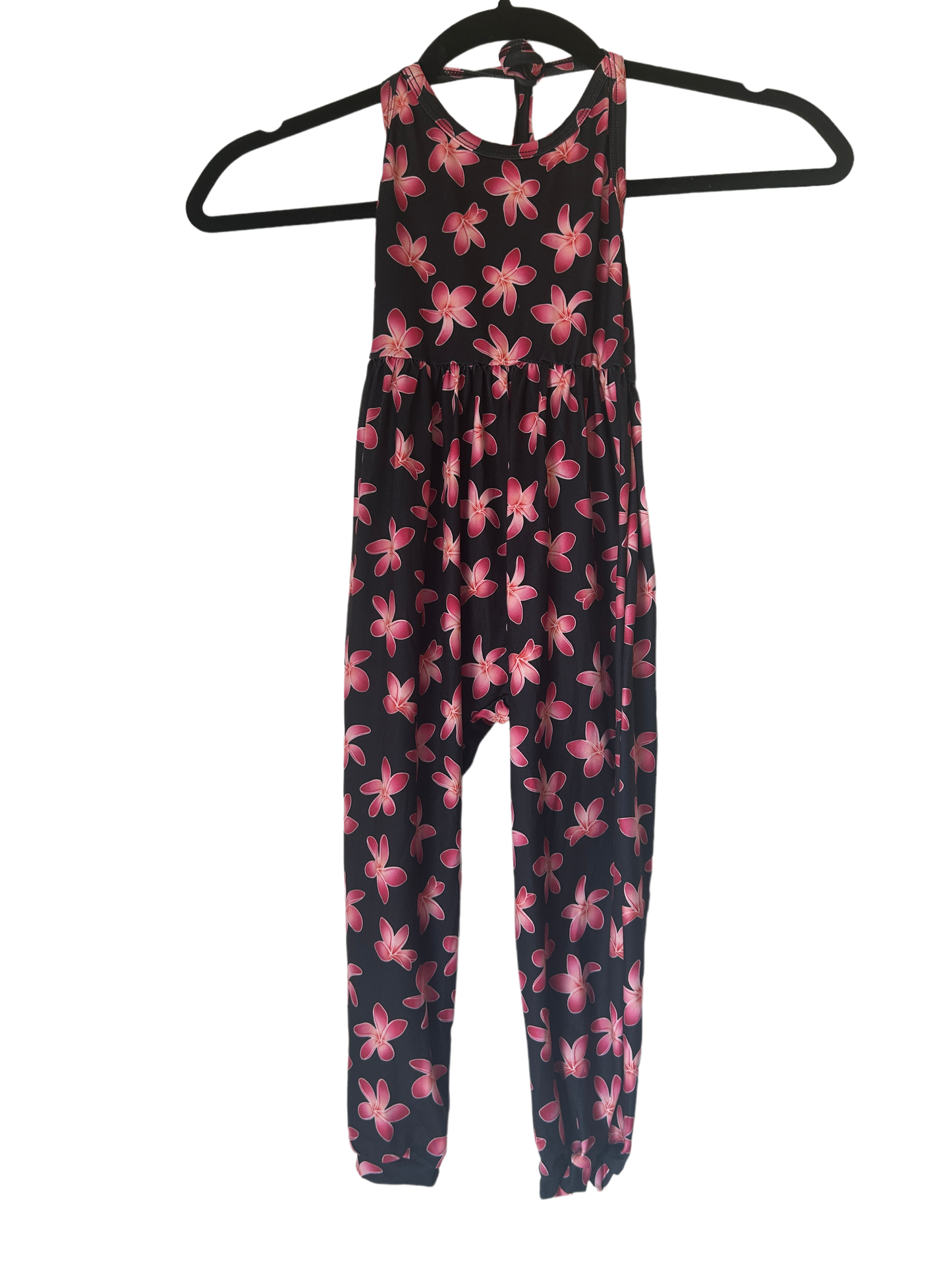 Keiki halter pants romper-black plumeria print